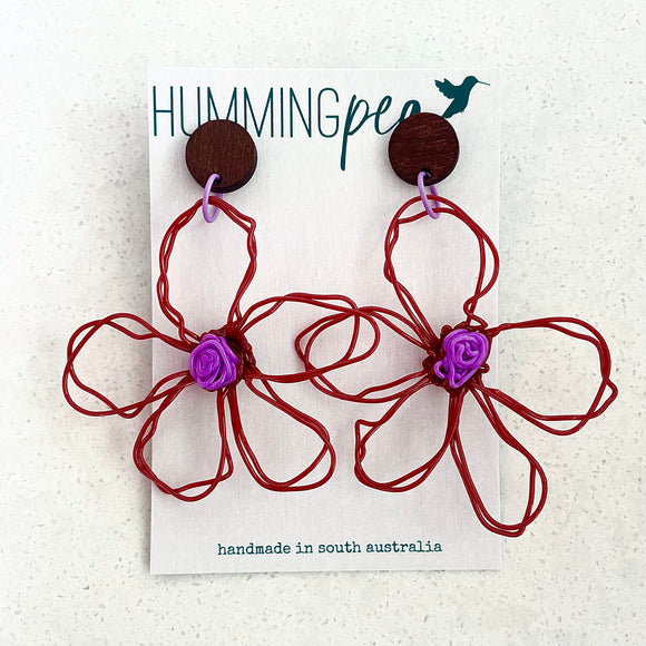 flower earrings . hand drawn . daisy . brown purple